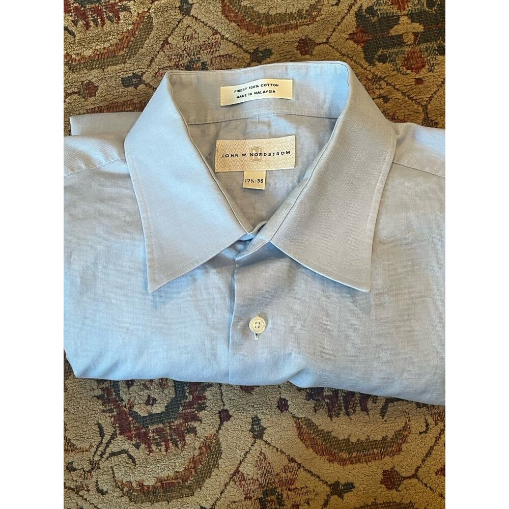 John W Nordstrom Dress Shirt Men 17.5/36 Blue Long Sleeve 100% Cotton Italian